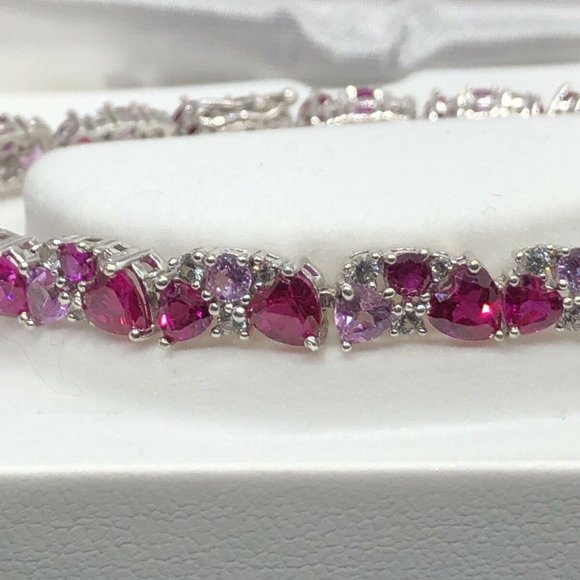 Sterling Silver Ruby, Pink & White Sapphire CLUSTER HEART BRACELET  MSRP $375 - Picture 2 of 11